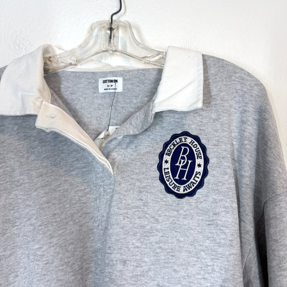 Rugby Polo Top Shirt Sweatshirt Oversized Gray White Academia Preppy - Picture 5 of 11